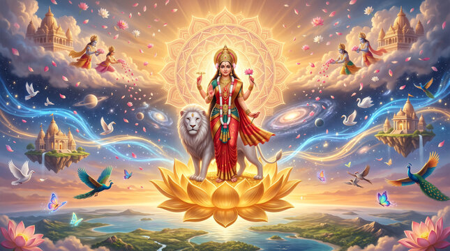 Goddess Durga Standing on a Sacred Lotus Surrounded by Heavenly Light and Celestial Clouds