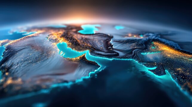 A breathtaking view of Earth from space, showcasing glowing city lights and illuminated coastlines against the dark expanse of the universe. ..Created with Generative AI, not depicting real subjects.
