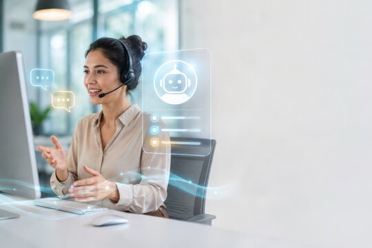 Customer Support Specialist Using AI Assistant in Modern Office