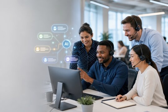 Diverse Contact Center Team Collaborating with AI Support