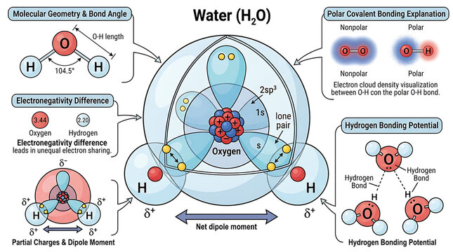 Detailed Scientific Illustration of Water Molecule Structure, Polar Covalent Bonding, and Hydrogen Bonding Potential