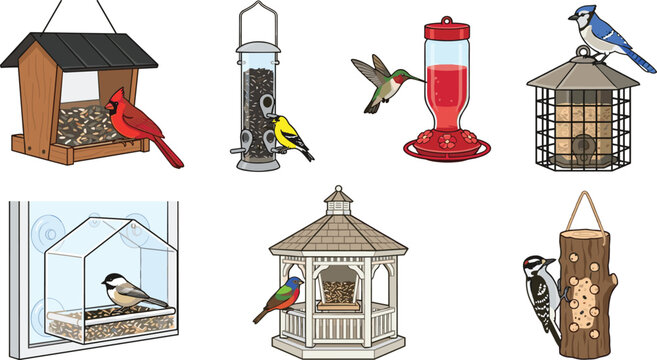 Bird Feeders with Birds Perched on Them in Various Designs and Colors Featuring Feeder, Perch, Seed