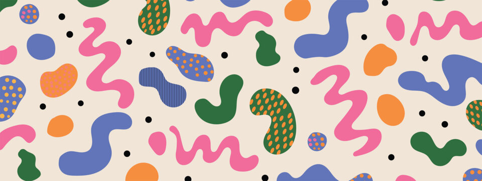 Colorful abstract organic blob pattern background with liquid squiggle shapes and dots. Vector illustration of fun playful retro 90s memphis style texture, trendy fluid geometric banner wallpaper.