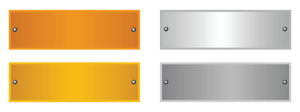 Metallic nameplates and plaque banners set with gold bronze silver steel textures. Vector illustration of empty brass aluminum sign board collection with screws, blank badge door plate label template.