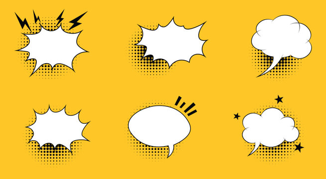 Yellow comic speech bubbles set with halftone shadow and expression effects. Vector illustration of abstract pop art dialogue cloud burst collection, manga conversation chat box frame template.