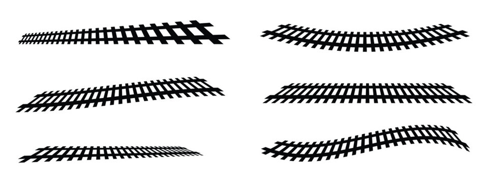 Black train railway tracks silhouette set with perspective curved and straight routes. Vector illustration of abstract railroad track line collection, transportation logistics path navigation.