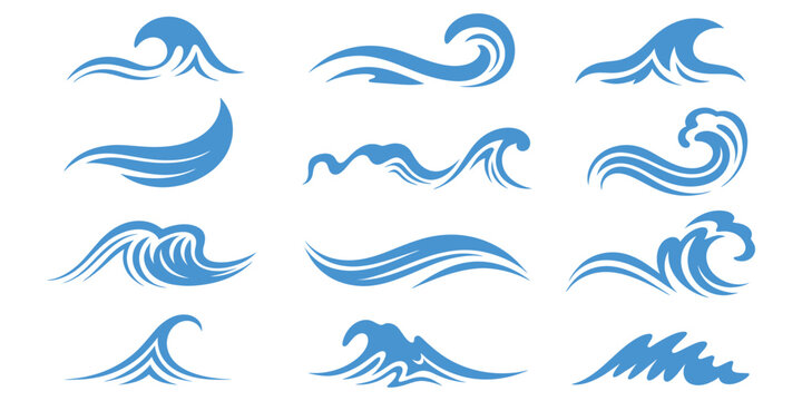 Blue ocean water waves set with splashing sea swell tide silhouettes. Vector illustration of abstract marine aqua flow symbol collection, surfing nature beach logo icon template.