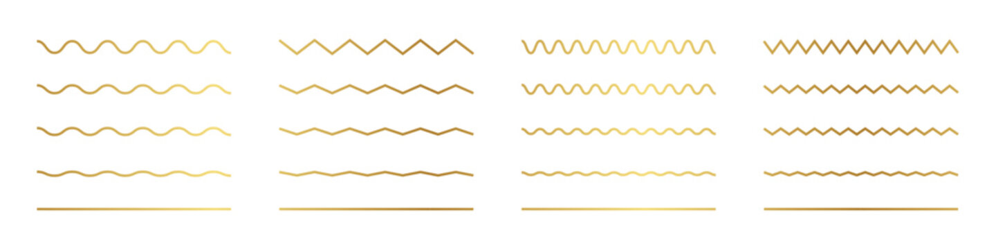 Golden wavy and zigzag line borders set with varying amplitude frequencies. Vector illustration of metallic gold squiggly divider collection, luxury decorative linear stroke trim template.