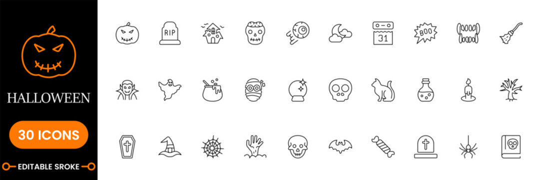 Halloween Line Icon Set Pumpkin Ghost Skull Witch Hat Bat Spider Web Vampire Mummy Candle Coffin Tombstone Vector Illustration Bundle