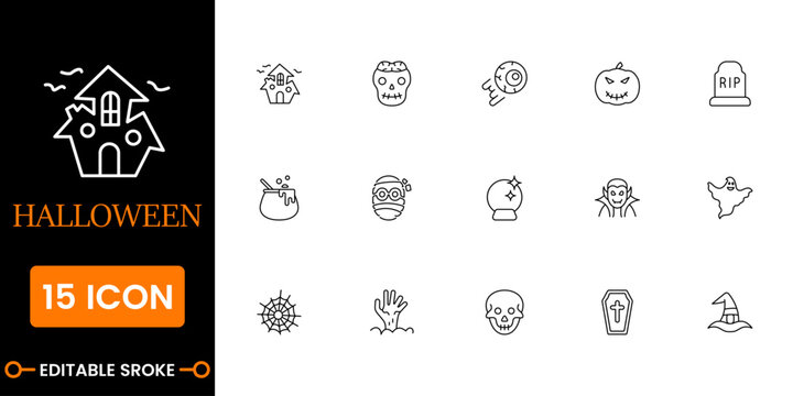 Spooky Halloween Outline Icons Collection Jack O Lantern Cauldron Broom Crystal Ball Zombie Hand Black Cat Bone Grave Vector Set