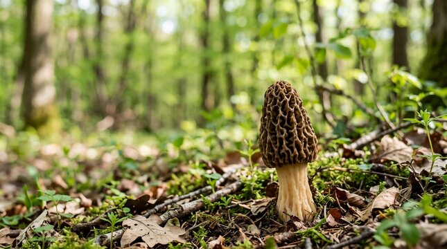 Fresh Morel Mushroom on Blurred Spring Forest Background with Copy Space, Natural Foraging Photography
