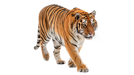 Obraz premium Powerful wild tiger walking forward with focused look isolated on transparent background