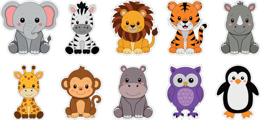 Fototapeta premium Cute wild animals stickers set including elephant lion tiger zebra giraffe owl and monkey