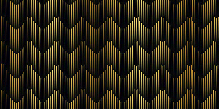 Gold art deco zigzag line pattern background with luxury metallic chevron texture. Vector illustration of seamless elegant vertical stripe geometry, modern 1920s wallpaper template.