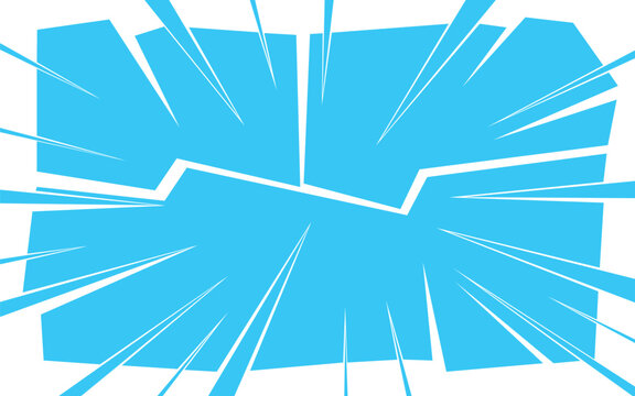 Blue comic versus broken split background with dynamic radial speed lines. Vector illustration of anime pop art fractured fight action panel, superhero shattered battle versus frame template.