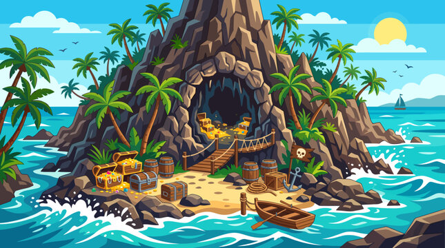 Pirate treasure island with hidden cave golden loot and palm trees