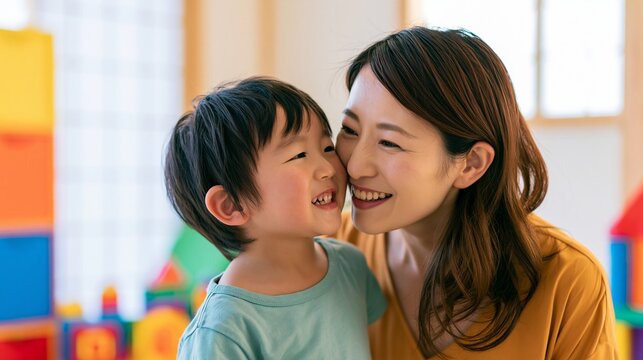 息子を抱き寄せ笑顔を見せる日本人の若い母親
