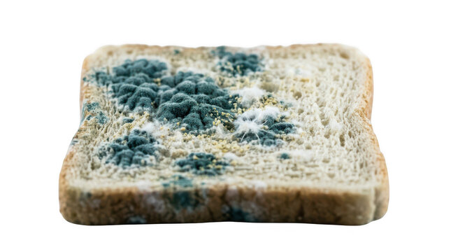 Slice of moldy bread on white background isolated on transparent background