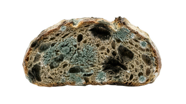 Slice of stale bread with green mold isolated on transparent background