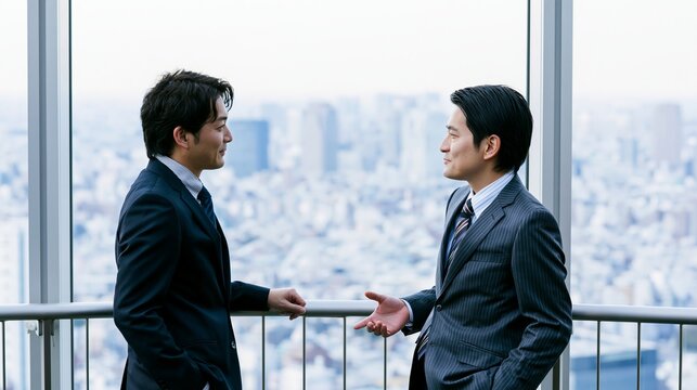 窓際で未来の展望を話し合う日本人ビジネスマン二人