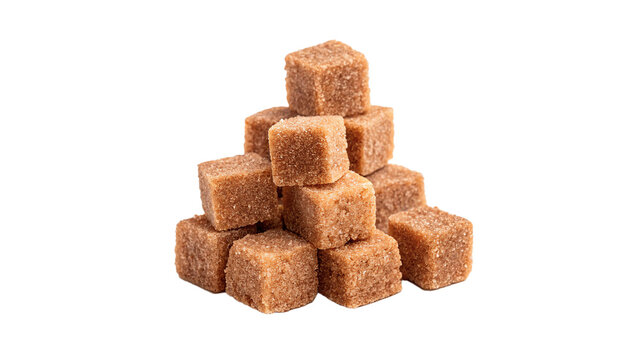Small pyramid stack of natural brown sugar cubes isolated on transparent background