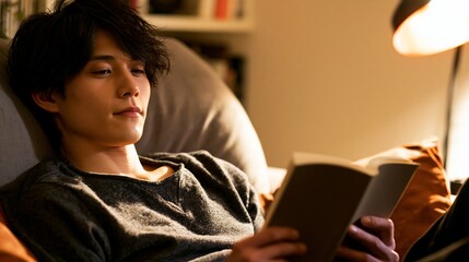 Naklejka premium 夜の寝室でリラックスして読書をする日本人男性