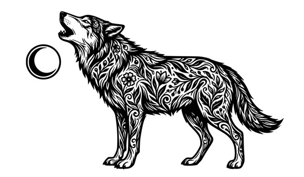A detailed decorative vector illustration of a majestic wild wolf standing in profile with its head raised and howling toward the moon. The wolf&rsquo;s body is covered with an intricate ornamental pattern 