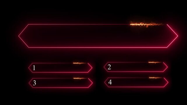 Red neon glowing quiz template with a large hexagonal frame and four smaller answer boxes labeled 123 and 4 against a solid black background