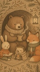 Fototapeta premium Cozy woodland animals gathering mobile wallpaper