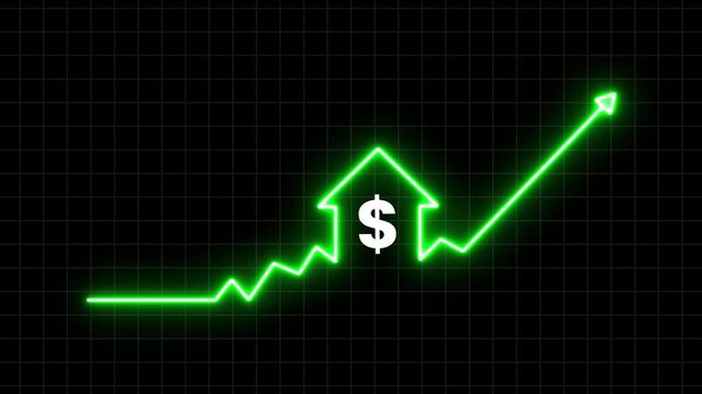 Home icon house sign neon lights animation with up arrow Dollar increase. Neon home business graph icon animation. house outline property investment animation shows profit growth.
