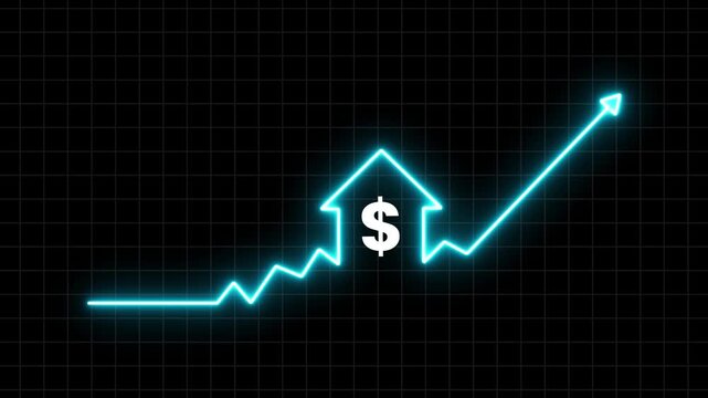 Home icon house sign neon lights animation with up arrow Dollar increase. Neon home business graph icon animation. house outline property investment animation shows profit growth. Home icon