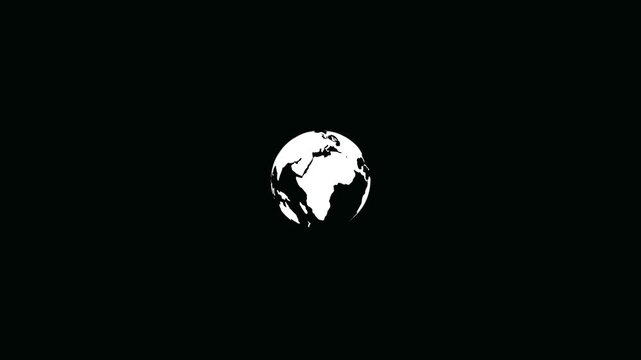 Minimalist white globe centered on a solid black background representing planet earth in a simple style for web interface