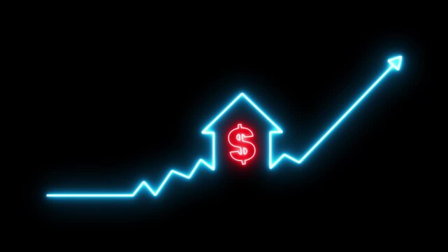 Home icon house sign neon lights animation with up arrow Dollar increase. Neon home business graph icon animation. house outline property investment animation shows profit growth.