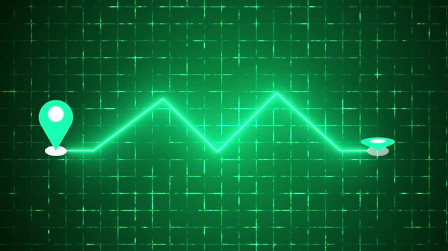4K Neon Zigzag Navigation Route with Map Pin on a grid background. Glowing Zigzag GPS navigation route for delivery services, Online shops, UI, Buying process, and Business Marketing.
