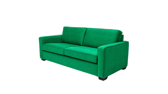 Modern bright green fabric sofa couch isolated on transparent background