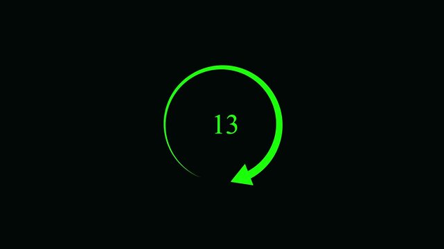 Green circular loading progress indicator with a rotating arrow and the number seven in the center isolated on a solid black background