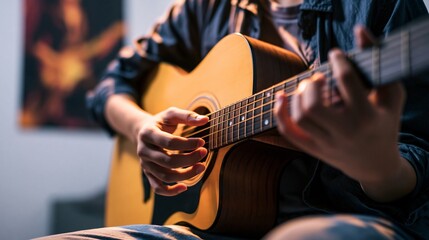 Obraz premium 情熱的にアコースティックギターをかき鳴らす男性の手元