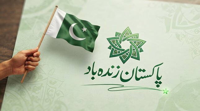 Hand Holding Pakistan Flag with Pakistan Zindabad Urdu Calligraphy on Light Green Background