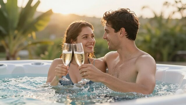 A smiling couple clinks champagne glasses in a bubbling jacuzzi during a golden sunset, enjoying their luxurious honeymoon vacation together.