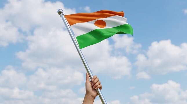 Low angle shot of hand holding waving Niger flag against blue sky with scattered clouds