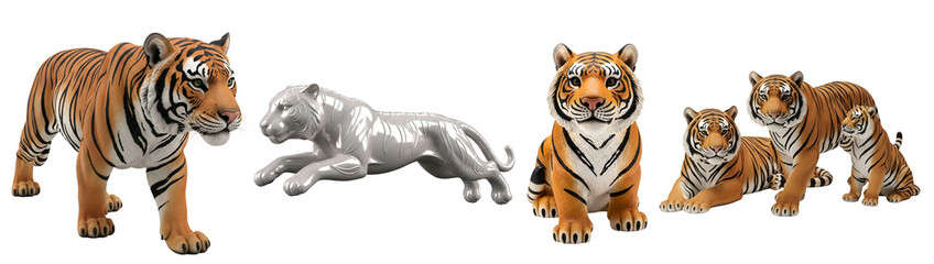 Obraz premium Majestic orange tigers and one metallic silver tiger figure displayed in various natural poses for creative projects on transparent background