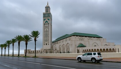Fototapeta premium Large modern mosque with tall minaret, palm trees, and car on wet road