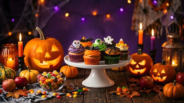 Festive happy halloween table setting with decorated cupcakes and glowing jack o lantern pumpkins in a dark room
