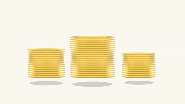 Animated gold coin stacks rising on a minimalist background with money