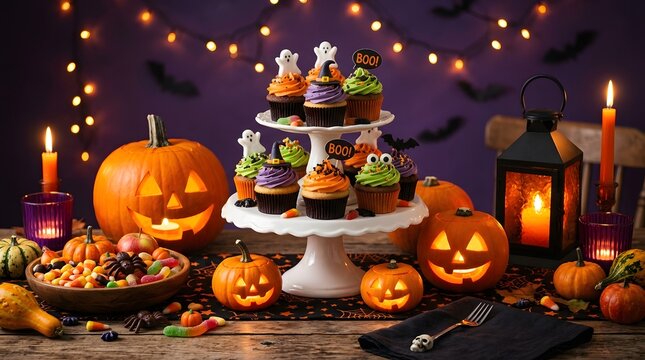 Festive happy halloween dessert table with decorated cupcakes pumpkins and glowing lanterns for a spooky holiday party celebration