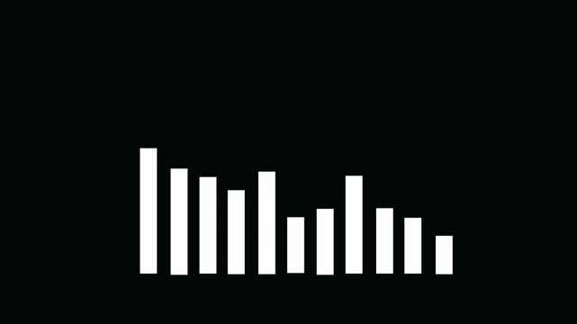 White digital audio equalizer bars moving in a rhythmic pattern against a solid black background representing sound frequency and music visualization