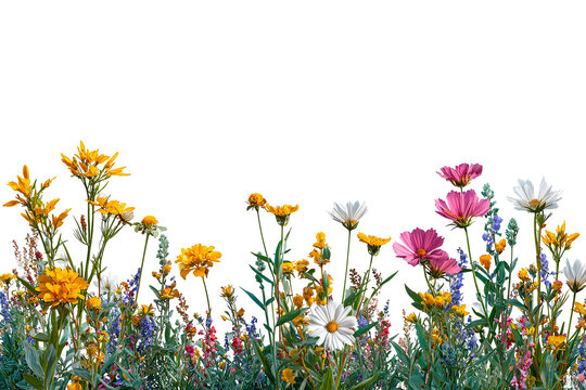 Summer floral border isolated on transparent background, colorful seasonal flower arrangement PNG cutout
