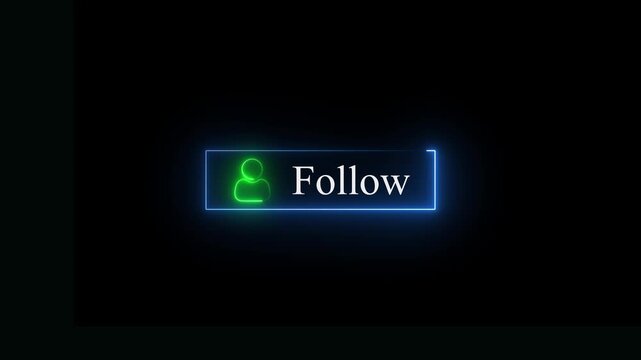 Glowing blue neon rectangular button with a green user and the word follow written in white text isolated on a solid black background