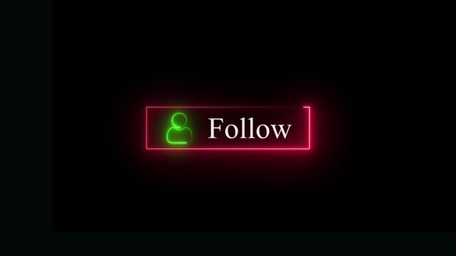 Glowing red neon rectangular button with a green user and the word follow written in white text isolated on a solid black background