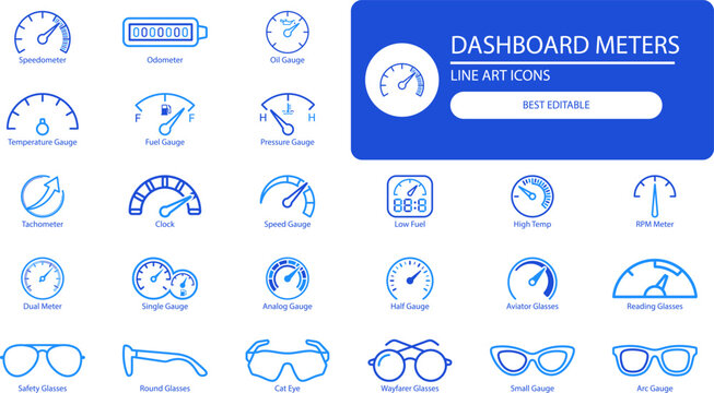 Dashboard meters icon set. Black outline vector collection of speedometer, fuel gauge, tachometer and thermometer symbols for car UI design